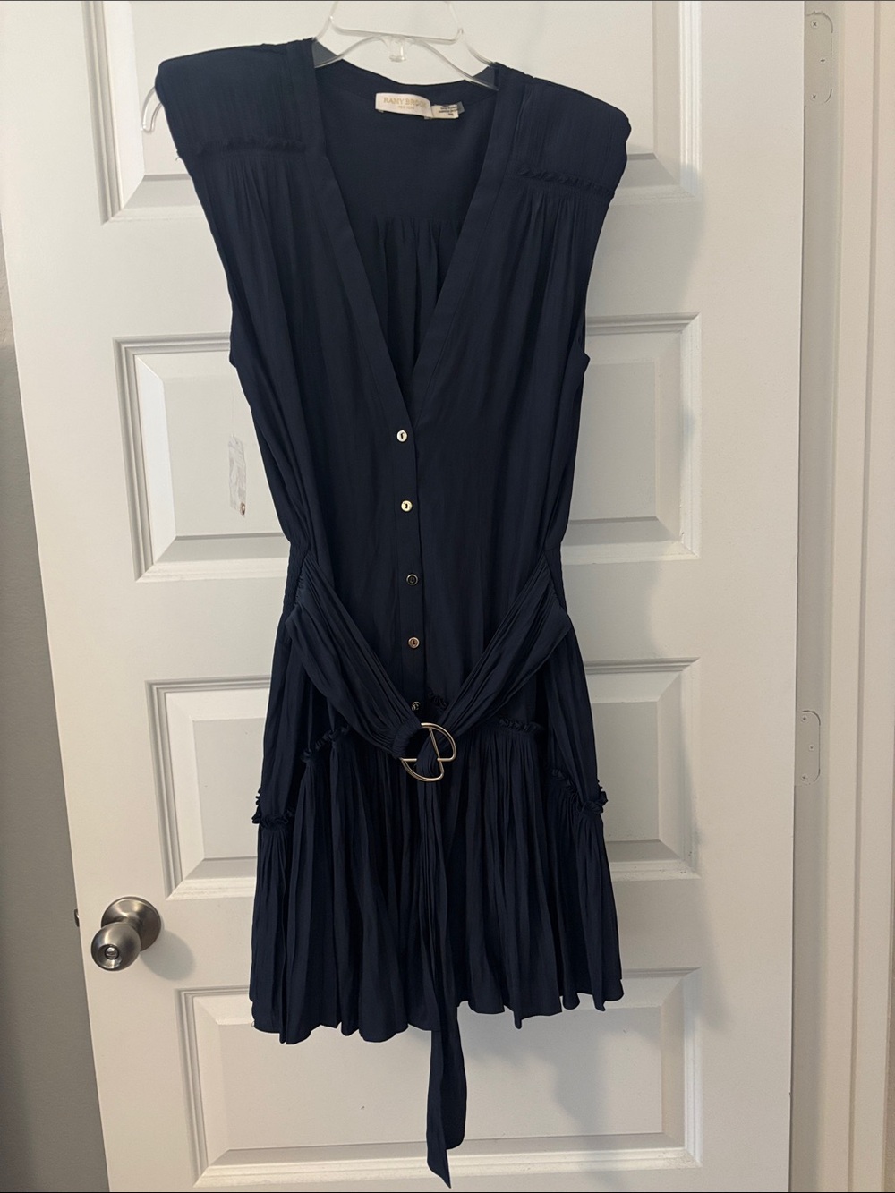 Ramy Brook Navy Miley sleeveless gold button-front mini dress SZ M w/belt  NWOT